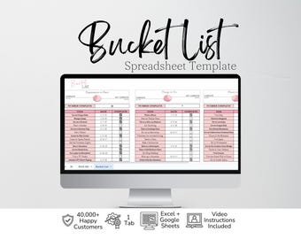 May include: A computer monitor displaying a Bucket List Spreadsheet Template with pink and white columns for tracking experiences, tasks, and places. The screen shows checkboxes, dates, and progress charts. Below are icons for 40,000+ customers, Excel, Google Sheets, and video instructions.