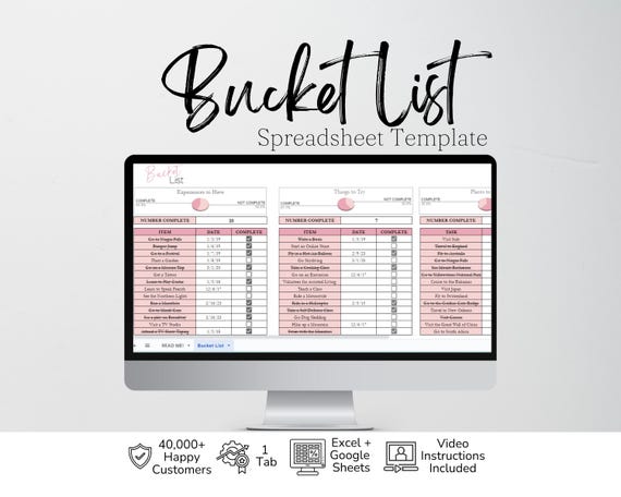 Bucket List Template Excel Spreadsheet, Bucket List Journal, Bucket List Google Sheets Editable , Bucket List Planner, To Do List Digital