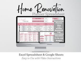 Home Renovation Planner Excel Spreadsheet, Home Improvement, Home Remodel Planner Budget, Home Project Planner Interior Design Google Sheets
