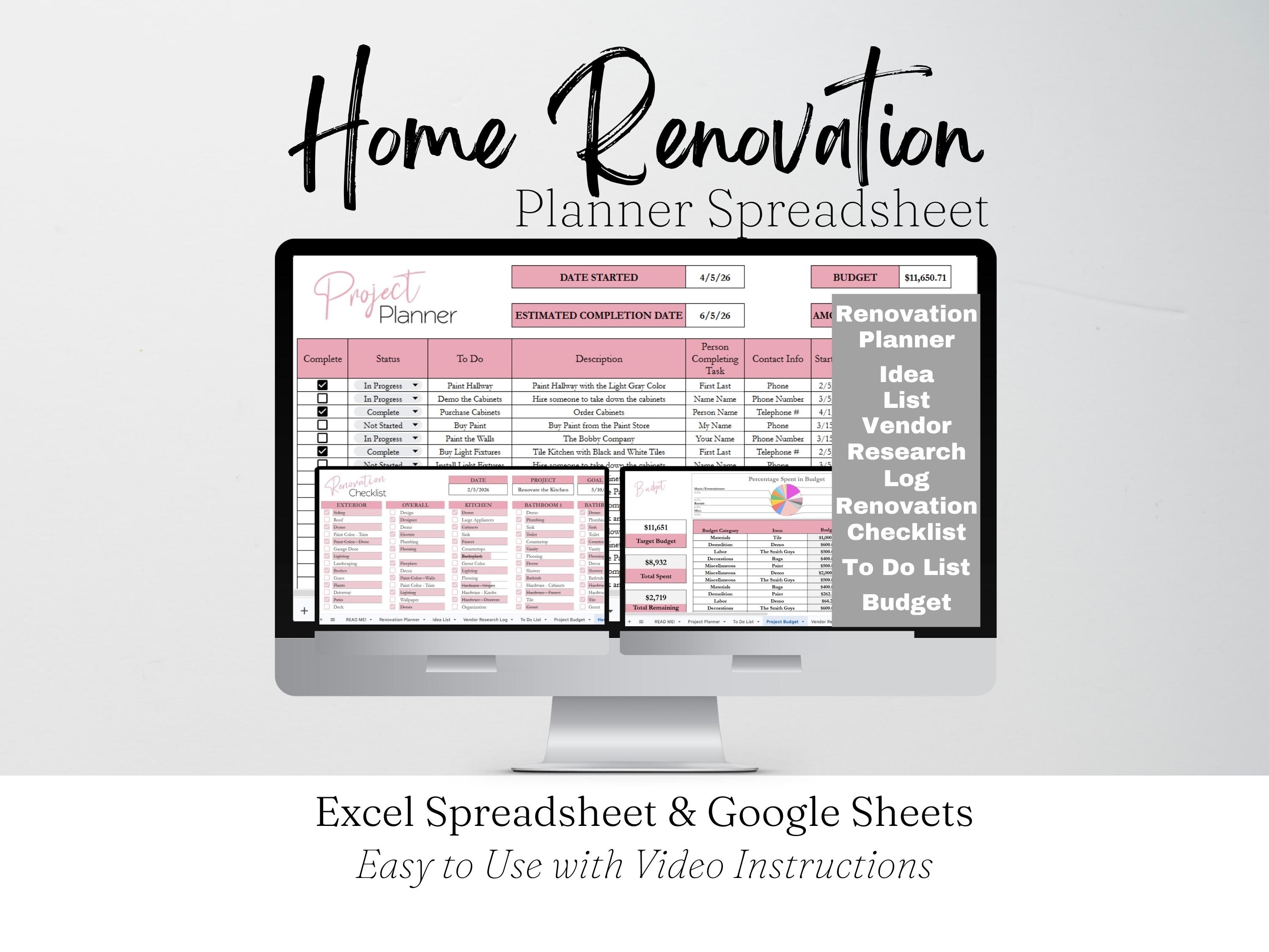 Home Renovation Planner Excel Spreadsheet, Home Improvement, Home ...