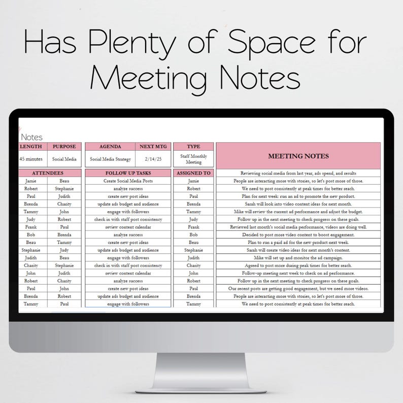 Meeting Notes Tracker, Meeting Minutes Template, Team Meeting Log, Meeting Spreadsheet, Office Notes, Note Taking Corporate Business Meeting image 2