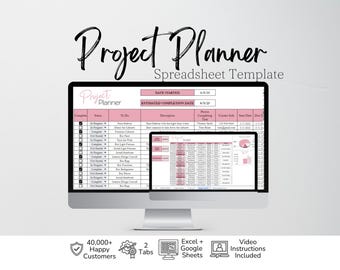 Puede incluir: Una plantilla de hoja de cálculo digital para planificación de proyectos en dos pantallas de ordenador. La interfaz muestra encabezados rosas, listas de tareas y columnas de seguimiento presupuestario con texto como Project Planner.