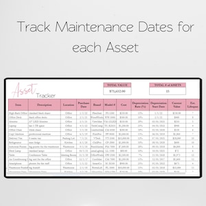 May include: A spreadsheet titled "Asset Tracker" with a list of office equipment, their descriptions, purchase dates, brands, model numbers, costs, depreciation rates, depreciation start dates, current values, and estimated lifespans. The total value of the assets is $75,652.00 and the total number of assets is 15.