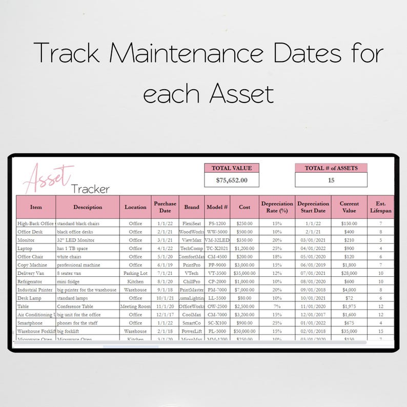 May include: A spreadsheet titled "Asset Tracker" with a list of office equipment, their descriptions, purchase dates, brands, model numbers, costs, depreciation rates, depreciation start dates, current values, and estimated lifespans. The total value of the assets is $75,652.00 and the total number of assets is 15.
