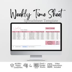 Weekly Time Sheet Google Sheets, Weekly Schedule Template Excel Spreadsheet, Timesheet, Hours Tracking Sheet, Work Task Log, Time Tracker