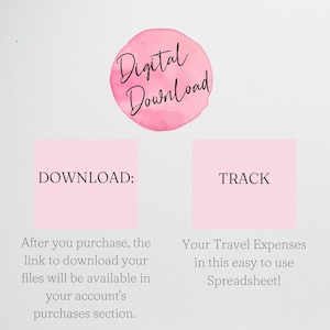 May include: A digital download graphic with a pink watercolor circle that says "Digital Download." Below are two pink rectangles with the words "DOWNLOAD:" and "TRACK." Text explains how to download files and track travel expenses.
