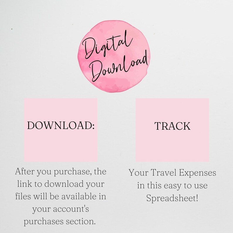 May include: A digital download graphic with a pink watercolor circle that says "Digital Download." Below are two pink rectangles with the words "DOWNLOAD:" and "TRACK." Text explains how to download files and track travel expenses.