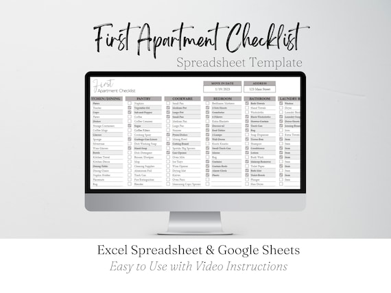 New Apartment Checklist Planner Template Excel Spreadsheet, First Apartment Furnishings List Google Sheets, Digital Checklist College Couple