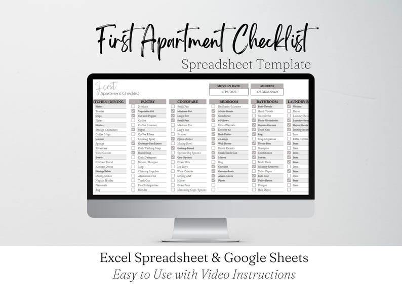 New Apartment Checklist Planner Template Excel Spreadsheet, First Apartment Furnishings List Google Sheets, Digital Checklist College Couple image 1