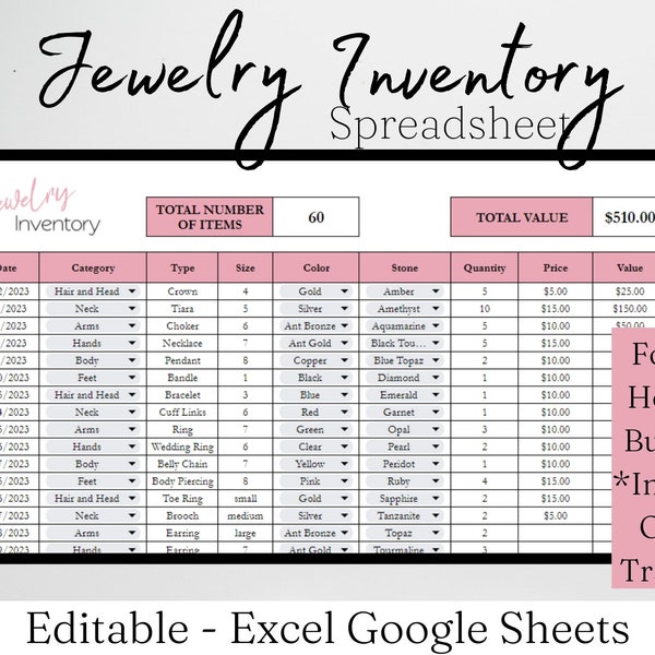 Jewelry Inventory Tracker, Jewelry Making Planner List Excel Spreadsheet Log Jewelry Inventory Checklist Home Jewelry Business Google Sheets