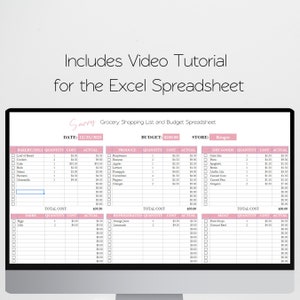 May include: A pink and white spreadsheet with the title "Savvy Grocery Shopping List and Budget Spreadsheet". The spreadsheet is divided into sections for bakery/deli, produce, dry goods, refrigerated, and meat. Each section has columns for quantity, cost, and actual. The spreadsheet also includes a date, budget, and store.