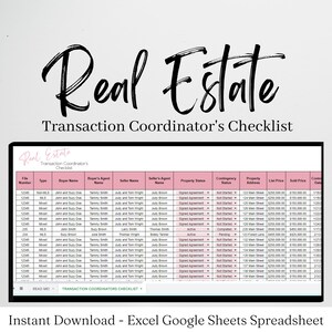 Real Estate Transaction Coordinator Checklist, Realtor Transaction Checklist, Transaction Coordinator Tracker, Coordinator Templates Log