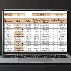 May include: A laptop screen displays a detailed spreadsheet with financial data, including values, purchase prices, and insurance values. The data is organized in columns and rows, with labels like "Location," "Rarity," and "Value."