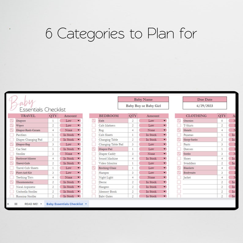 May include: A pink checklist with the title "Baby Essentials Checklist" and six categories: Travel, Bedroom, Clothing, Feeding, Nursery, and Health. Each category has a list of items with quantities and amounts. The checklist is designed to help parents plan for their baby's arrival.