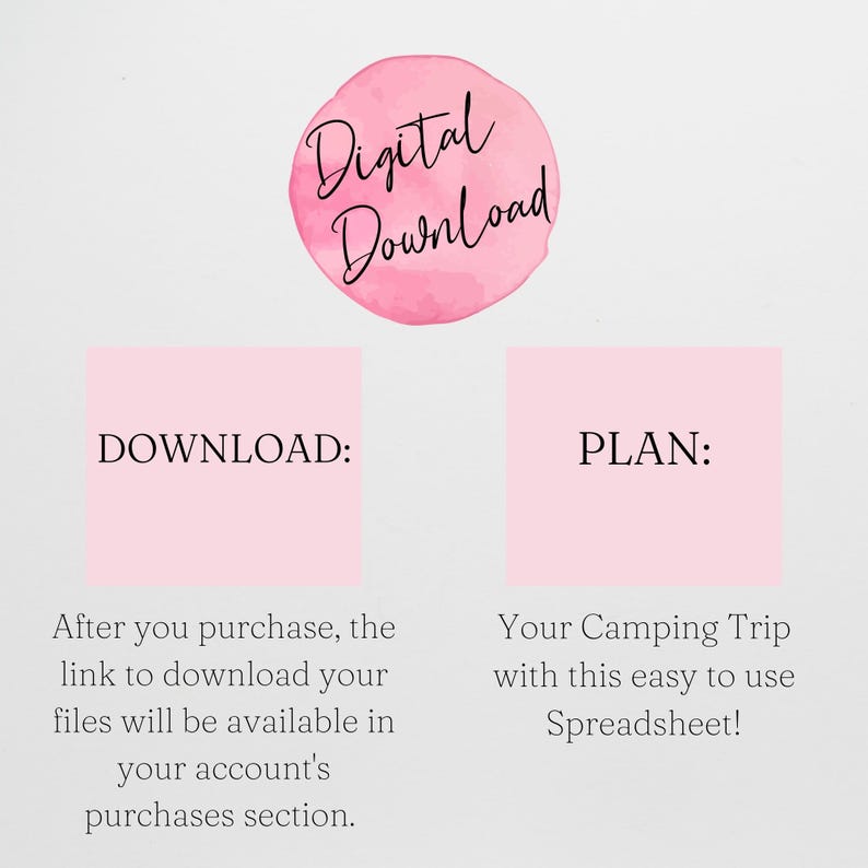 Pu&ograve; includere: Una grafica di download digitale rosa con il testo "Download digitale" in un cerchio. Il testo "DOWNLOAD:" &egrave; in un rettangolo rosa con il testo "Dopo l'acquisto, il link per scaricare i tuoi file sar&agrave; disponibile nella sezione acquisti del tuo account." sotto. Il testo "PLAN:" &egrave; in un rettangolo rosa con il testo "Il tuo viaggio in campeggio con questo foglio di calcolo facile da usare!" sotto.
