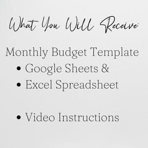 Puede incluir: Sobre un fondo blanco, el texto "What You Will Receive" en cursiva, seguido de una lista: "Monthly Budget Template", "Google Sheets & Excel Spreadsheet" y "Video Instructions". El texto est&aacute; en una mezcla de fuentes.