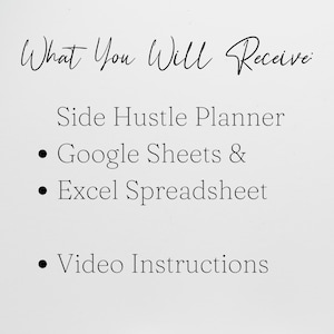 Może przedstawiać: Białe tło z czarnym tekstem, kt&oacute;ry brzmi &bdquo;What You Will Receive&rdquo;. Poniżej tytułu znajdują się słowa &bdquo;Side Hustle Planner&rdquo;, &bdquo;Google Sheets &&rdquo;, &bdquo;Excel Spreadsheet&rdquo; i &bdquo;Video Instructions&rdquo;.