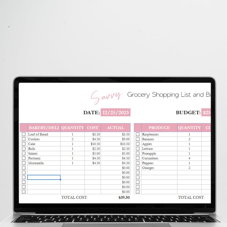 May include: A laptop screen displaying a grocery shopping list and budget tracker. The list is divided into two sections: Bakery/Deli and Produce. The list includes items such as loaf of bread, cookies, cake, rolls, salami, pastrami, mozzarella, raspberries, bananas, apples, lettuce, pineapple, cucumbers, peppers, and oranges. The date is 12/25/2023 and the budget is $25.