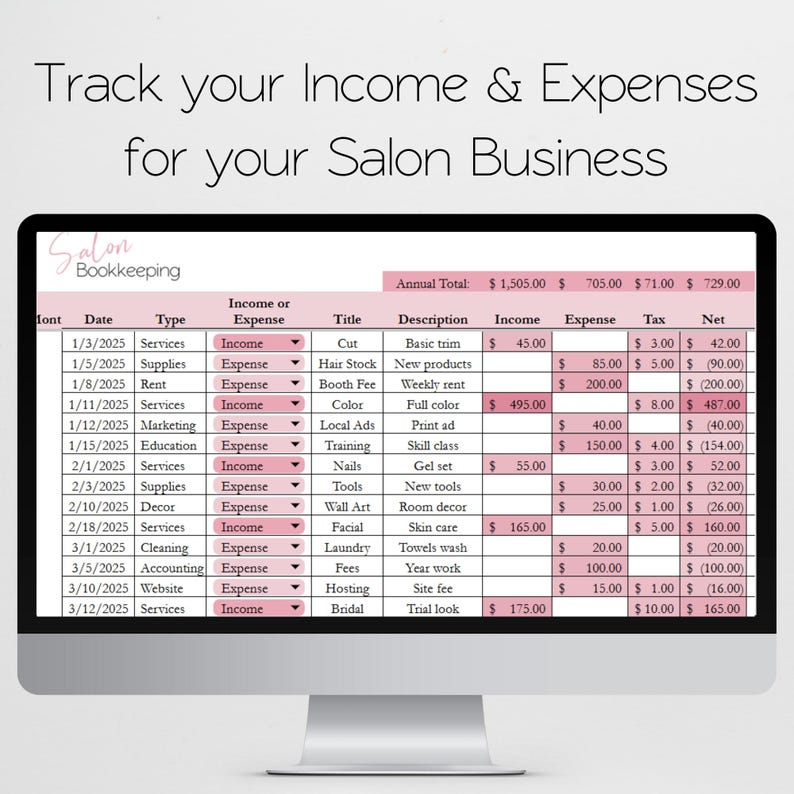 Salon Bookkeeping Template, Hair Salon Income and Expenses Tracker Log, Beauty Salon, Nail Salon Hair Salon Excel Spreadsheet Google Sheets image 2