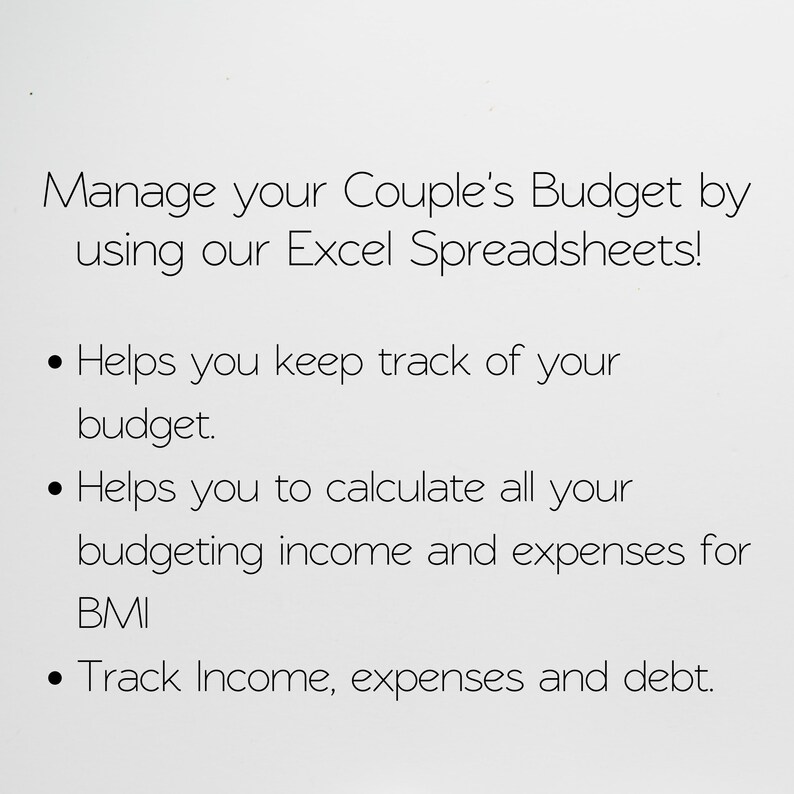 K&ouml;nnte beinhalten: Text auf wei&szlig;em Hintergrund, der lautet: Verwalten Sie das Budget Ihres Paares mit unseren Excel-Tabellen!  Hilft Ihnen, Ihr Budget im Auge zu behalten. Hilft Ihnen, alle Ihre Budgeteinnahmen und -ausgaben f&uuml;r BMI zu berechnen. Verfolgen Sie Einkommen, Ausgaben und Schulden.