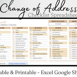 Lista kontrolna zmiany adresu, szablon zmiany adresu, ogłoszenie o przeprowadzce, zmiana adresu, nowy dom, przeprowadzka, arkusz kalkulacyjny Excel Google