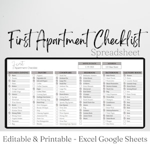 New Apartment Checklist Planner Template Excel Spreadsheet, First Apartment Furnishings List Google Sheets, Digital Checklist College Couple