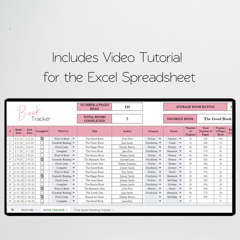 Op de afbeelding: Een spreadsheet om gelezen boeken bij te houden, met kolommen voor titel, auteur, categorie, genre, aantal hoofdstukken, totaal aantal pagina's, aantal gelezen pagina's en status. De spreadsheet bevat een titelbalk met de tekst "Book Tracker" en een sectie om het aantal gelezen pagina's en het totaal aantal voltooide boeken in te voeren. De spreadsheet bevat ook een sectie om de gemiddelde boekbeoordeling en het favoriete boek bij te houden. Het favoriete boek is "The Good Book".