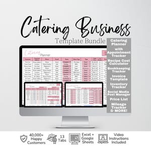 May include: A computer monitor displays a Catering Business Template Bundle with pink and white spreadsheet interfaces. A sidebar lists tools including a Catering Planner, Recipe Cost Calculator, Bookkeeping Tracker, Invoice Template, and Inventory Tracker.