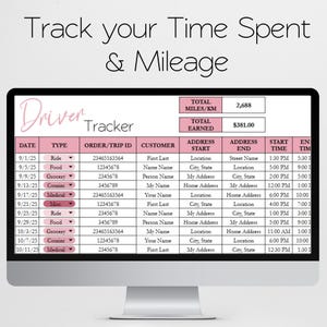 May include: A computer monitor displaying a pink and white driver tracker spreadsheet. The spreadsheet includes columns for date, type, order/trip ID, customer, address, and time. The text "Track your Time Spent & Mileage" is at the top.