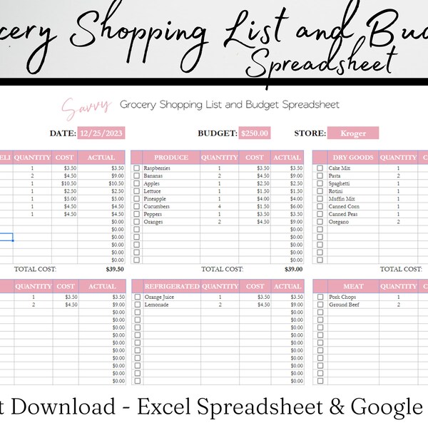 Grocery Budget Spreadsheet, Grocery Shopping List Template Groceries List Excel Grocery List Template, Grocery List Printable Planner Google