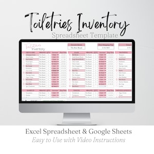 Inventaire des articles de toilette, liste de colisage d'articles de toilette pour le voyage, planificateur d'inventaire du ménage, modèle de liste de contrôle des articles de toilette, feuilles de calcul Excel Google
