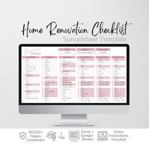 May include: A computer monitor displaying a Home Renovation Checklist spreadsheet template with pink headers and columns for exterior, overall, kitchen, and bathroom projects. Below the screen, icons indicate compatibility with Excel and Google Sheets.