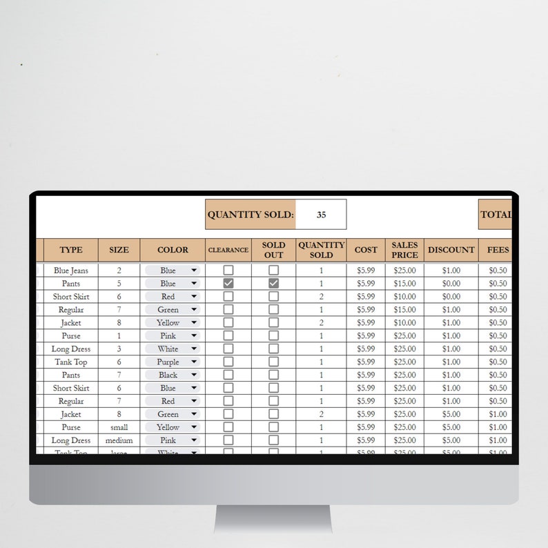 May include: A computer monitor displaying a spreadsheet titled QUANTITY SOLD: 35. The table includes columns for TYPE, SIZE, COLOR, CLEARANCE, SOLD OUT, QUANTITY SOLD, COST, SALES PRICE, DISCOUNT, and FEES, with rows detailing various clothing items.