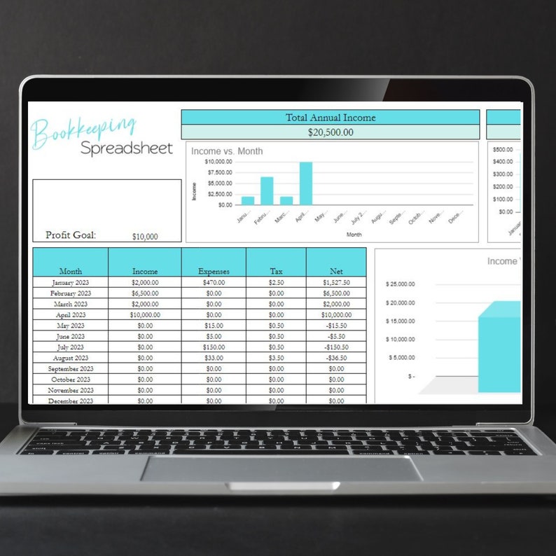 May include: A laptop screen displaying a bookkeeping spreadsheet with a blue and white color scheme. The spreadsheet shows monthly income, expenses, tax, and net income for the year 2023. A bar graph shows income versus month. The total annual income is $20,500.00.