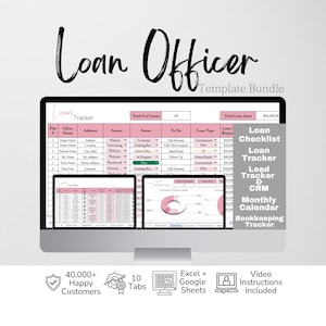 May include: A computer monitor displays a "Loan Officer Template Bundle" with a spreadsheet and charts. The screen shows a pink and white spreadsheet with the text "Loan Tracker". Additional icons indicate "40,000+ Happy Customers", "10 Tabs", "Excel + Google Sheets", and "Video Instructions Included".