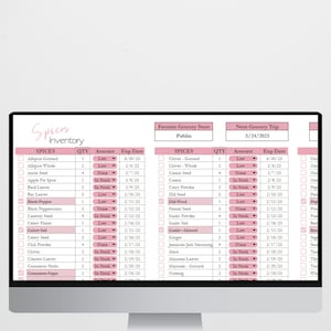 May include: A pink and white digital inventory list for spices. The list is divided into three sections: Spices Inventory, Favorite Grocery Store Publix, and Next Grocery Trip. Each section has a column for quantity, amount, and expiration date. The list includes common spices such as allspice, anise seed, basil leaves, black pepper, celery seed, cinnamon, cloves, cumin, dill, fennel, garlic, ginger, mace, majoram, nutmeg, and oregano.