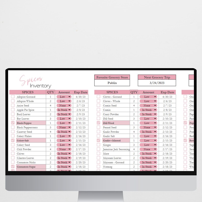 May include: A pink and white digital inventory list for spices. The list is divided into three sections: Spices Inventory, Favorite Grocery Store Publix, and Next Grocery Trip. Each section has a column for quantity, amount, and expiration date. The list includes common spices such as allspice, anise seed, basil leaves, black pepper, celery seed, cinnamon, cloves, cumin, dill, fennel, garlic, ginger, mace, majoram, nutmeg, and oregano.
