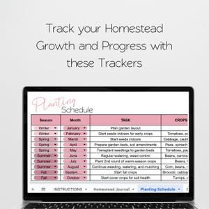 May include: A printable planting schedule chart with a pink header that says "Planting Schedule". The chart lists the seasons, months, tasks, and crops to plant. The chart is on a laptop screen.