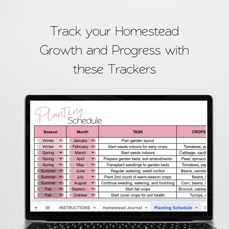 May include: A printable planting schedule chart with a pink header that says "Planting Schedule". The chart lists the seasons, months, tasks, and crops to plant. The chart is on a laptop screen.