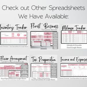 K&ouml;nnte beinhalten: Hellgrauer Hintergrund mit dem Text "Check out Other Spreadsheets We Have Available:" in schwarzer Schreibschrift. Sechs Tabellenkalkulationsbeispiele, darunter "Inventory Tracker" und "Florist Business Template Bundle."