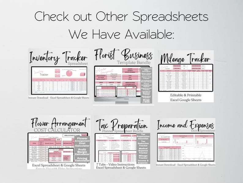 K&ouml;nnte beinhalten: Hellgrauer Hintergrund mit dem Text "Check out Other Spreadsheets We Have Available:" in schwarzer Schreibschrift. Sechs Tabellenkalkulationsbeispiele, darunter "Inventory Tracker" und "Florist Business Template Bundle."