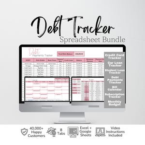 May include: A Debt Tracker Spreadsheet Bundle displayed on a computer monitor. The screen shows a Debt Payments Tracker with columns for debt, holder, bank, interest rate, limit, balance, payment, and date. Text includes Credit Card, Car Loan, Student Loan, Bill Calendar, Subscription Tracker, and Monthly Budget. Icons indicate 40,000+ happy customers, 8 tabs, Excel and Google Sheets compatibility, and video instructions.