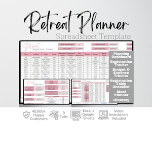 Könnte beinhalten: Eine digitale Tabellenvorlage mit dem Titel "Retreat Planner" in Rosa und Weiß. Die Vorlage enthält einen Registrierungs-Tracker, einen Budget-Tracker und einen Essensplaner. Das Bild zeigt auch "40.000+ zufriedene Kunden".