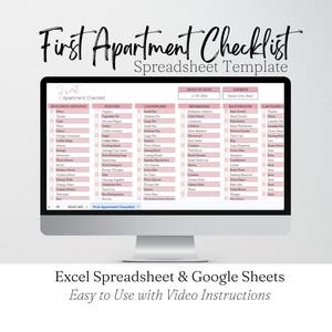 First Apartment Checklist Template Excel Spreadsheet, Our First Apartment Planner Google Sheets, Furniture Inventory, College Apartment List