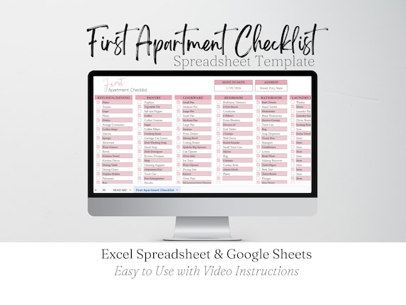 First Apartment Checklist Template Excel Spreadsheet, Our First Apartment Planner Google Sheets, Furniture Inventory, College Apartment List