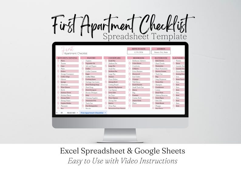First Apartment Checklist Template Excel Spreadsheet, Our First Apartment Planner Google Sheets, Furniture Inventory, College Apartment List image 1