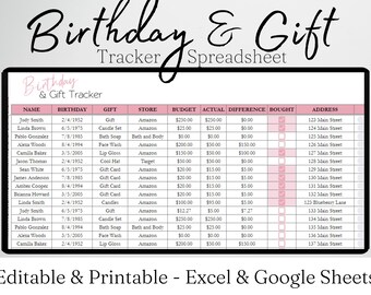 Birthday Tracker Template Excel Spreadsheet, Birthday Gift Tracker Google Sheets, Birthday Planner, Birthday Digital Tracker List Organizer