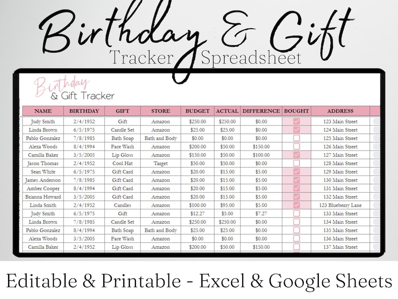 Birthday Tracker Template Excel Spreadsheet, Birthday Gift Tracker Birthday Tracker Template Excel Spreadsheet, Birthday Gift Tracker