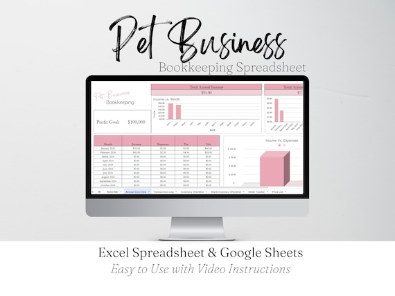 Pet Business Bookkeeping Template Google Sheets, Dog Grooming Business Bookkeeping Templates, Dog Training, Pet Care Income and Expenses