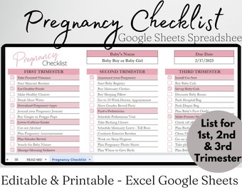 Pregnancy Checklist by Trimester Google Sheets, Pregnancy Planner, First Second Third Trimester Pregnant List, New Mom to Be Tracker Baby